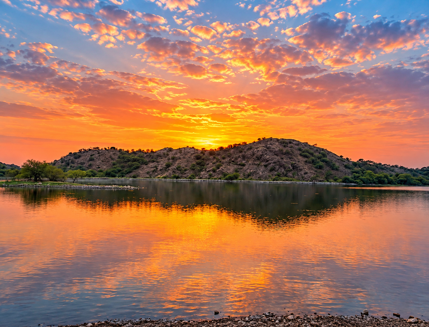 Golden sunset over hills reflected in Sihor Lake
